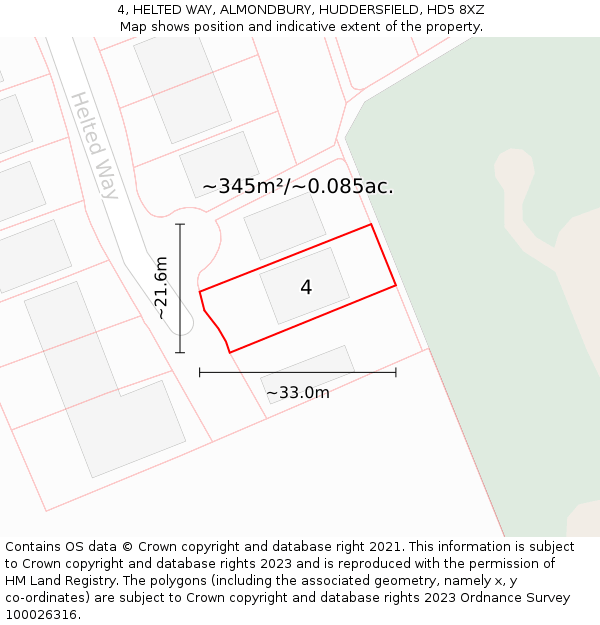 4, HELTED WAY, ALMONDBURY, HUDDERSFIELD, HD5 8XZ: Plot and title map