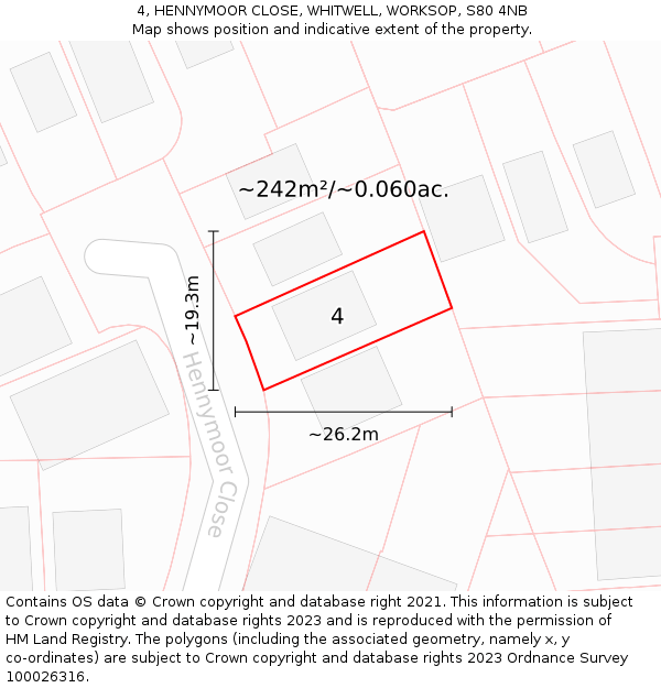 4, HENNYMOOR CLOSE, WHITWELL, WORKSOP, S80 4NB: Plot and title map