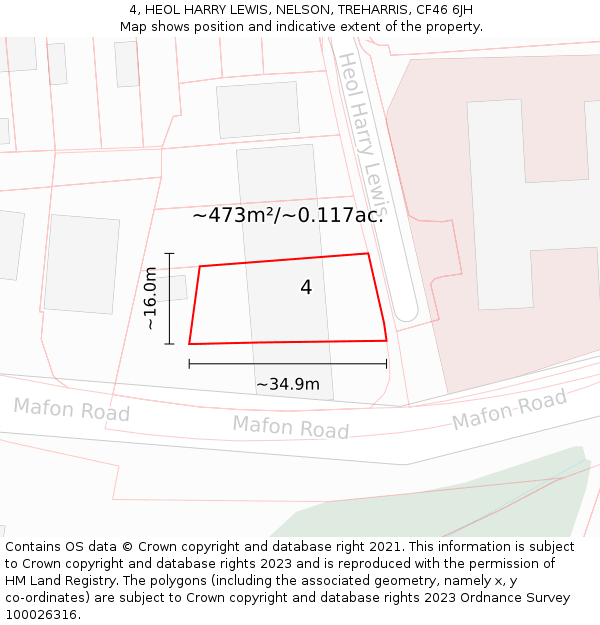 4, HEOL HARRY LEWIS, NELSON, TREHARRIS, CF46 6JH: Plot and title map