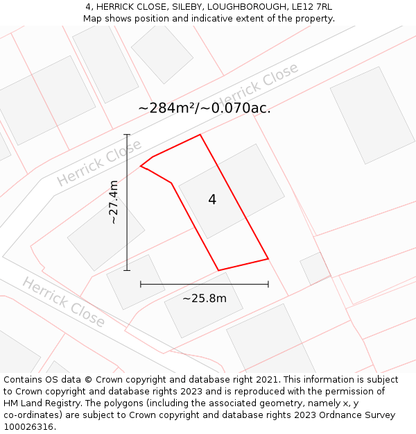 4, HERRICK CLOSE, SILEBY, LOUGHBOROUGH, LE12 7RL: Plot and title map