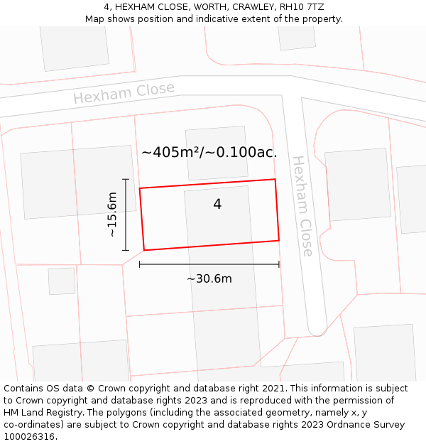 4, HEXHAM CLOSE, WORTH, CRAWLEY, RH10 7TZ: Plot and title map