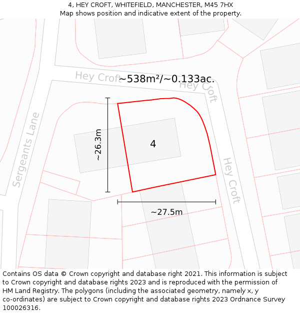 4, HEY CROFT, WHITEFIELD, MANCHESTER, M45 7HX: Plot and title map