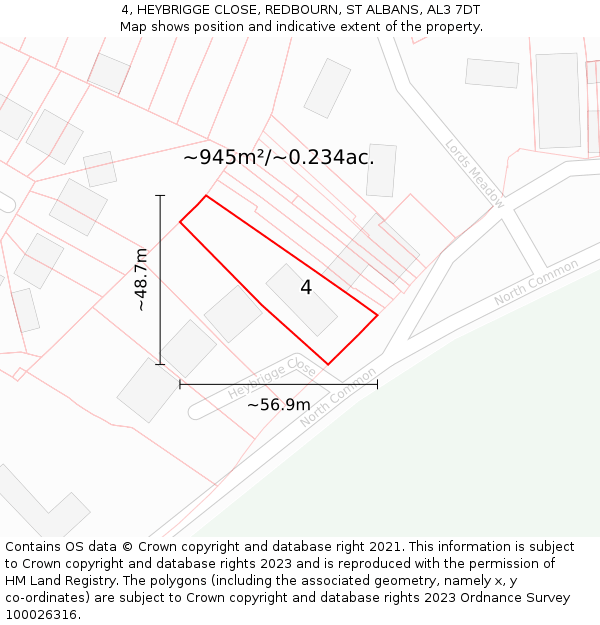 4, HEYBRIGGE CLOSE, REDBOURN, ST ALBANS, AL3 7DT: Plot and title map