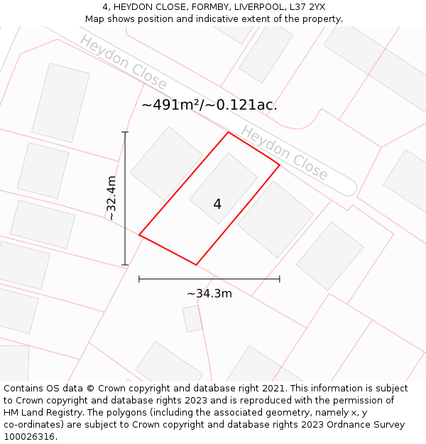 4, HEYDON CLOSE, FORMBY, LIVERPOOL, L37 2YX: Plot and title map