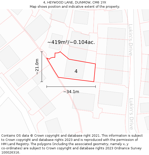 4, HEYWOOD LANE, DUNMOW, CM6 1YX: Plot and title map