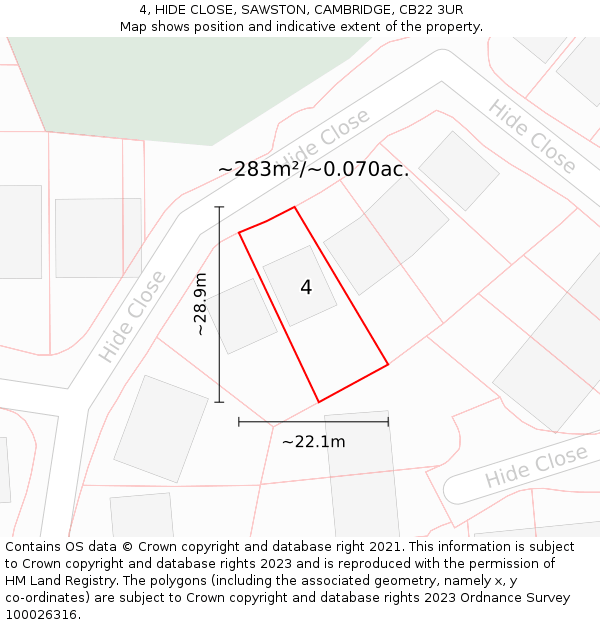 4, HIDE CLOSE, SAWSTON, CAMBRIDGE, CB22 3UR: Plot and title map