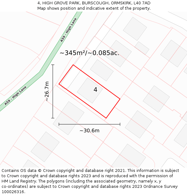 4, HIGH GROVE PARK, BURSCOUGH, ORMSKIRK, L40 7AD: Plot and title map