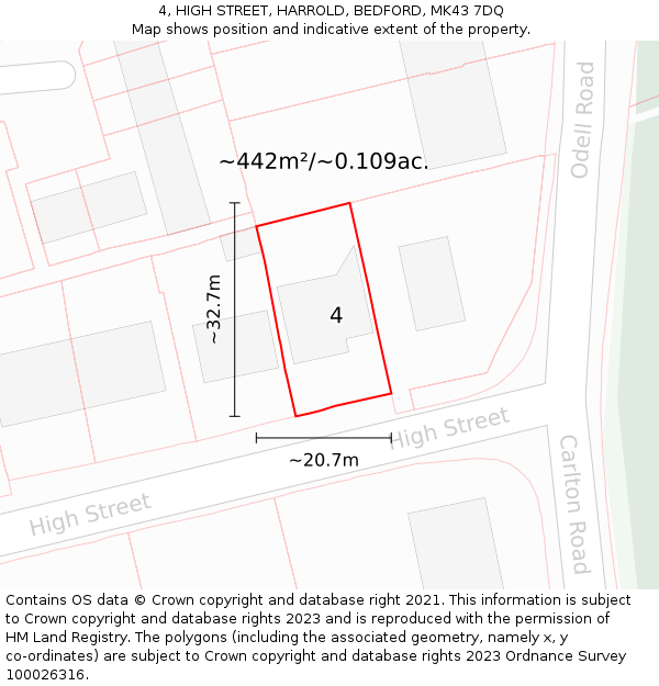 4, HIGH STREET, HARROLD, BEDFORD, MK43 7DQ: Plot and title map