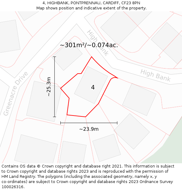 4, HIGHBANK, PONTPRENNAU, CARDIFF, CF23 8PN: Plot and title map