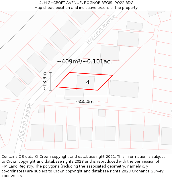 4, HIGHCROFT AVENUE, BOGNOR REGIS, PO22 8DG: Plot and title map