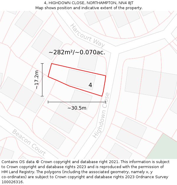 4, HIGHDOWN CLOSE, NORTHAMPTON, NN4 8JT: Plot and title map