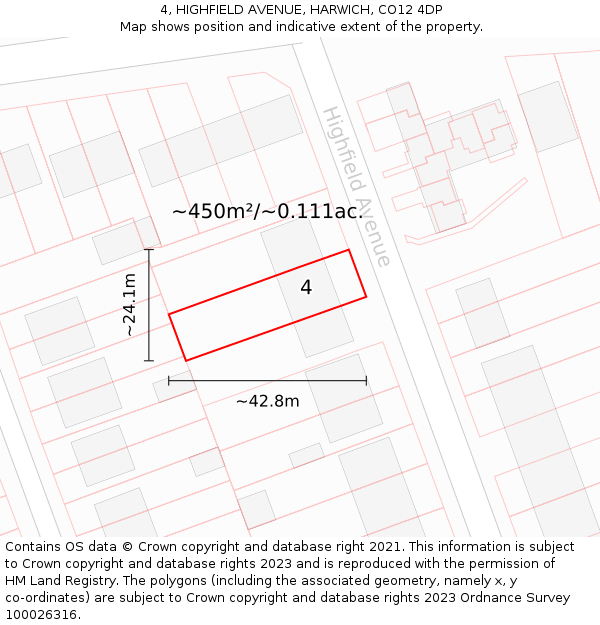 4, HIGHFIELD AVENUE, HARWICH, CO12 4DP: Plot and title map