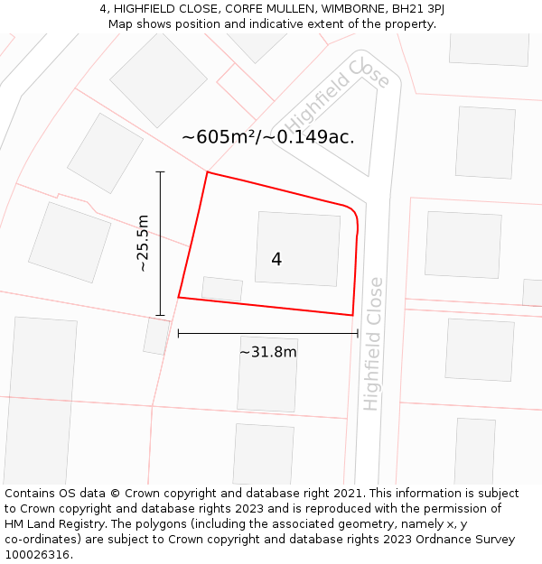 4, HIGHFIELD CLOSE, CORFE MULLEN, WIMBORNE, BH21 3PJ: Plot and title map