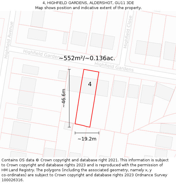 4, HIGHFIELD GARDENS, ALDERSHOT, GU11 3DE: Plot and title map