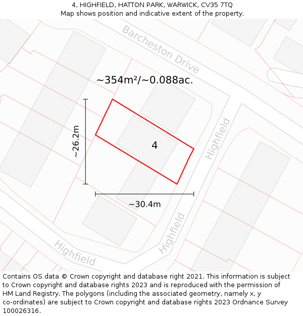 4, HIGHFIELD, HATTON PARK, WARWICK, CV35 7TQ: Plot and title map