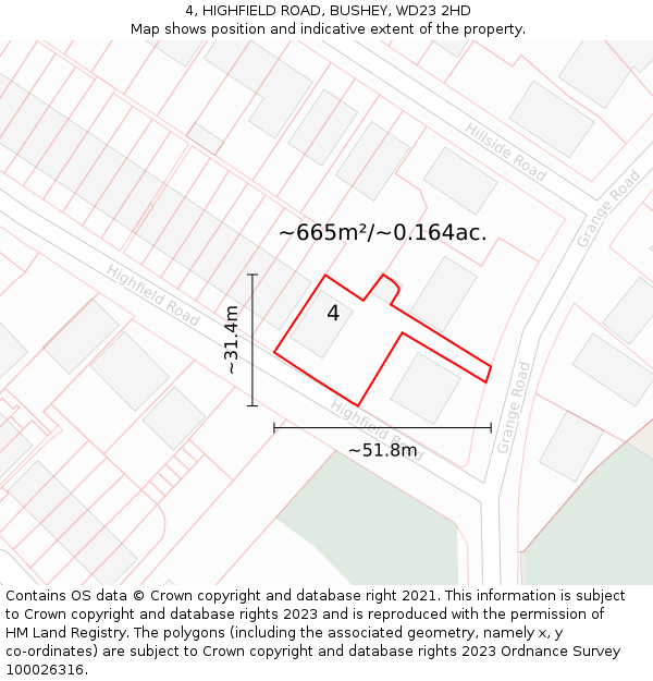 4, HIGHFIELD ROAD, BUSHEY, WD23 2HD: Plot and title map