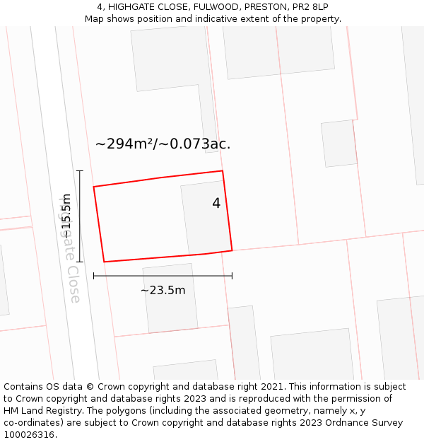 4, HIGHGATE CLOSE, FULWOOD, PRESTON, PR2 8LP: Plot and title map