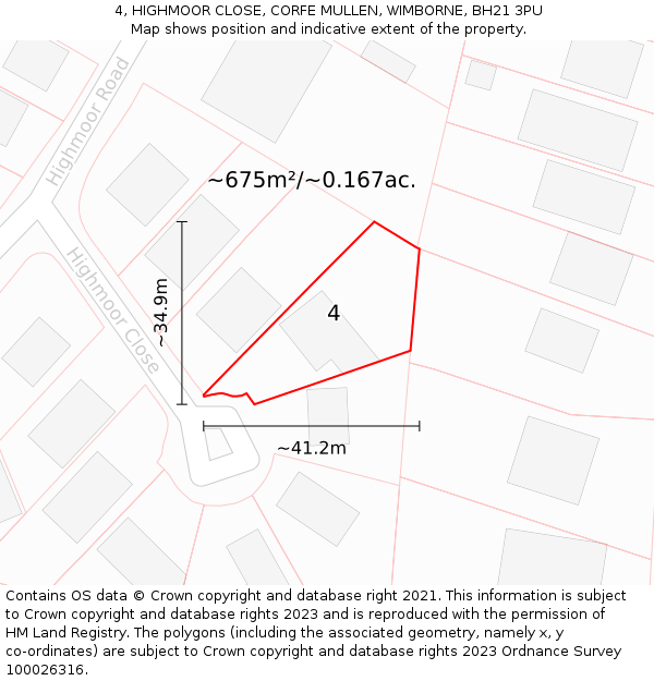 4, HIGHMOOR CLOSE, CORFE MULLEN, WIMBORNE, BH21 3PU: Plot and title map