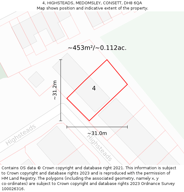 4, HIGHSTEADS, MEDOMSLEY, CONSETT, DH8 6QA: Plot and title map