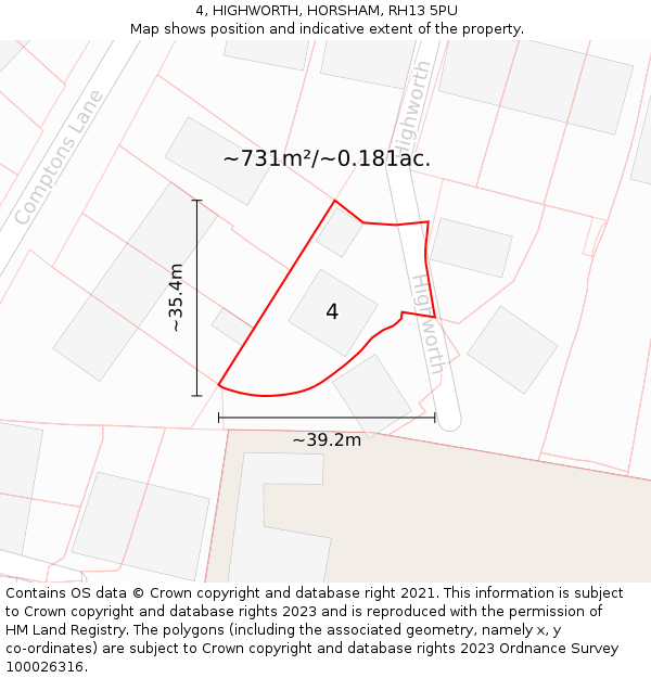 4, HIGHWORTH, HORSHAM, RH13 5PU: Plot and title map