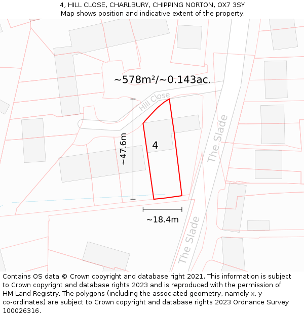 4, HILL CLOSE, CHARLBURY, CHIPPING NORTON, OX7 3SY: Plot and title map