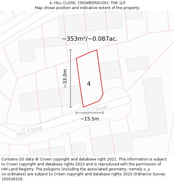 4, HILL CLOSE, CROWBOROUGH, TN6 1LP: Plot and title map