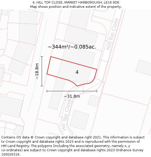 4, HILL TOP CLOSE, MARKET HARBOROUGH, LE16 9DE: Plot and title map
