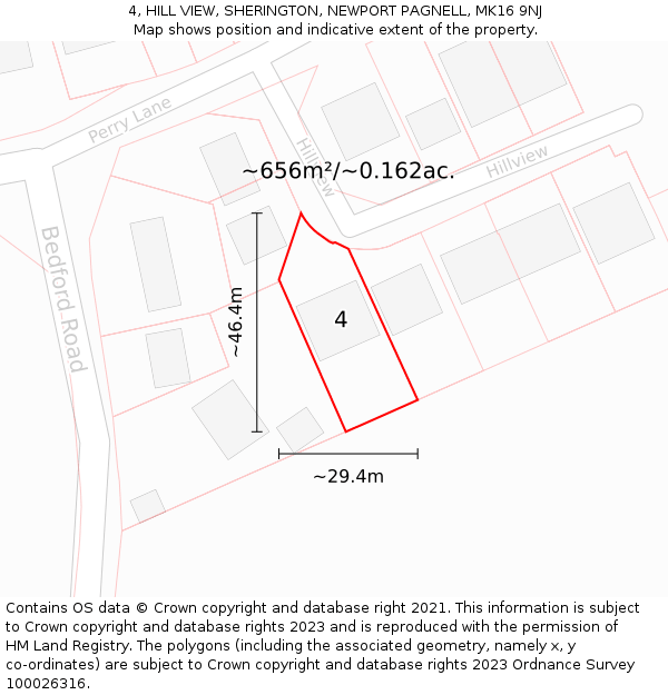 4, HILL VIEW, SHERINGTON, NEWPORT PAGNELL, MK16 9NJ: Plot and title map