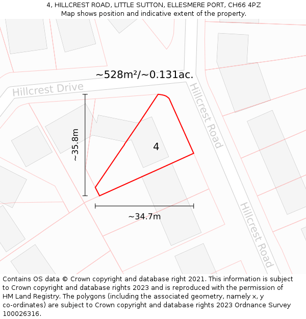 4, HILLCREST ROAD, LITTLE SUTTON, ELLESMERE PORT, CH66 4PZ: Plot and title map