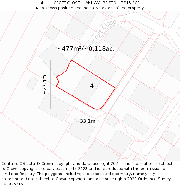4, HILLCROFT CLOSE, HANHAM, BRISTOL, BS15 3GF: Plot and title map