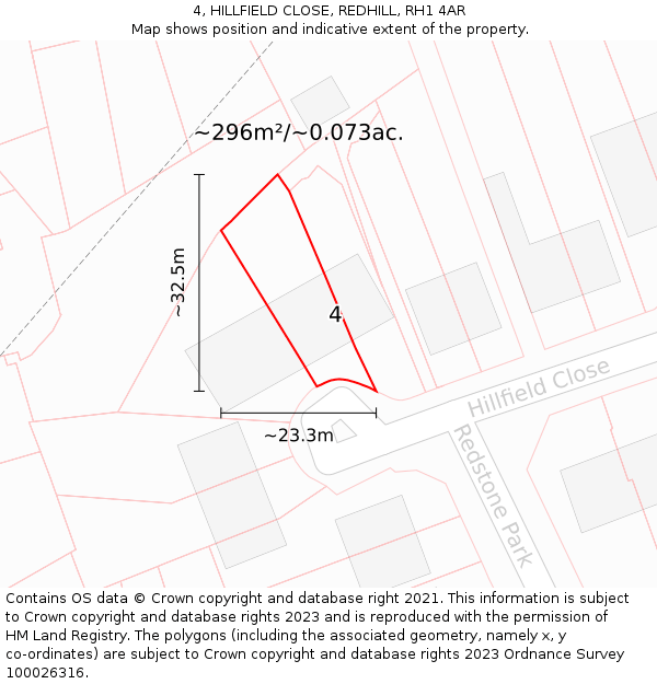 4, HILLFIELD CLOSE, REDHILL, RH1 4AR: Plot and title map