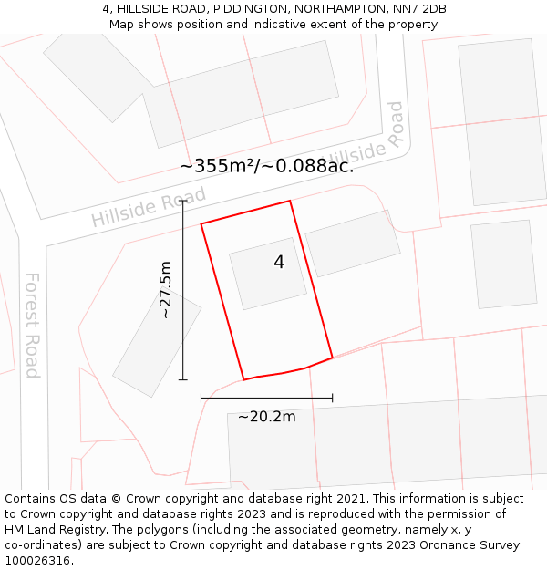 4, HILLSIDE ROAD, PIDDINGTON, NORTHAMPTON, NN7 2DB: Plot and title map