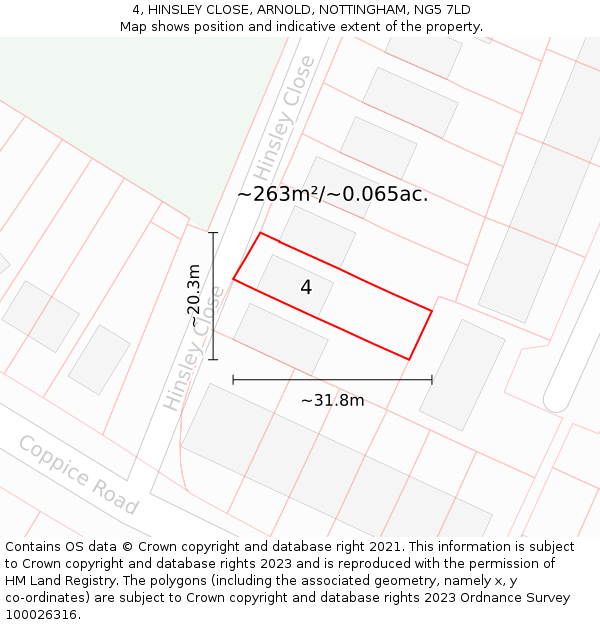 4, HINSLEY CLOSE, ARNOLD, NOTTINGHAM, NG5 7LD: Plot and title map