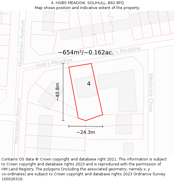 4, HOBS MEADOW, SOLIHULL, B92 8PQ: Plot and title map