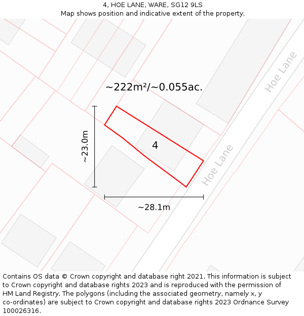 4, HOE LANE, WARE, SG12 9LS: Plot and title map