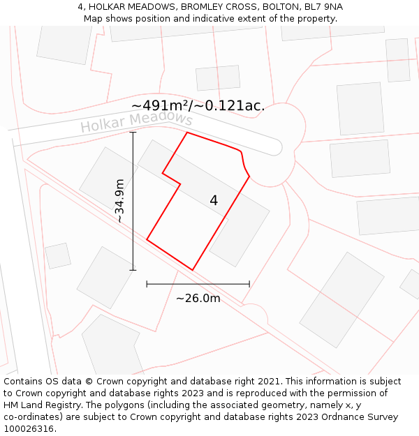 4, HOLKAR MEADOWS, BROMLEY CROSS, BOLTON, BL7 9NA: Plot and title map