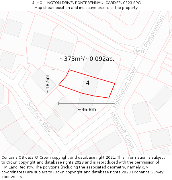 4, HOLLINGTON DRIVE, PONTPRENNAU, CARDIFF, CF23 8PG: Plot and title map