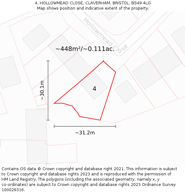 4, HOLLOWMEAD CLOSE, CLAVERHAM, BRISTOL, BS49 4LG: Plot and title map