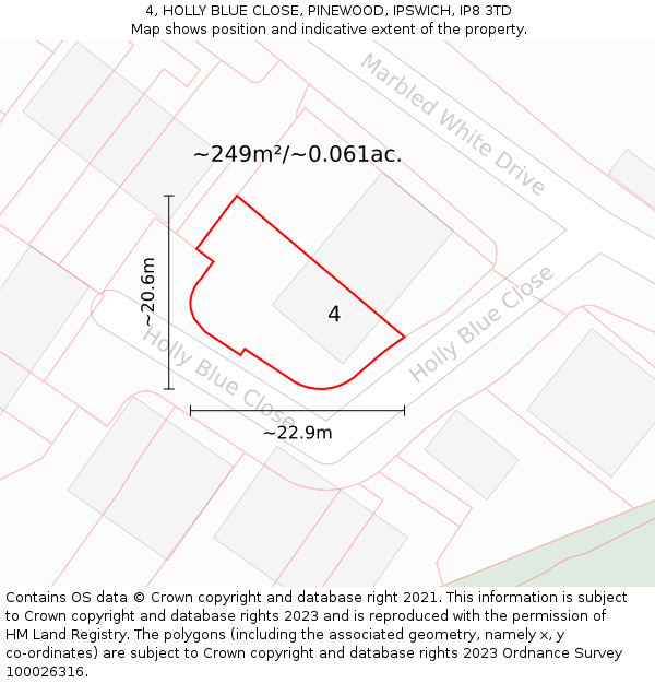 4, HOLLY BLUE CLOSE, PINEWOOD, IPSWICH, IP8 3TD: Plot and title map