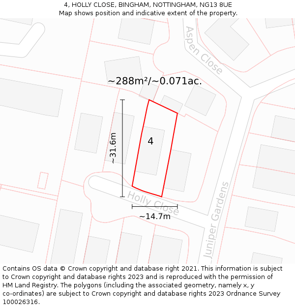 4, HOLLY CLOSE, BINGHAM, NOTTINGHAM, NG13 8UE: Plot and title map