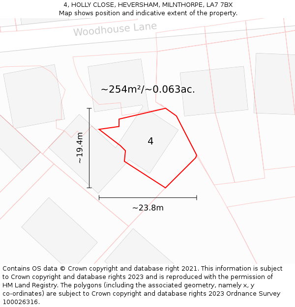 4, HOLLY CLOSE, HEVERSHAM, MILNTHORPE, LA7 7BX: Plot and title map