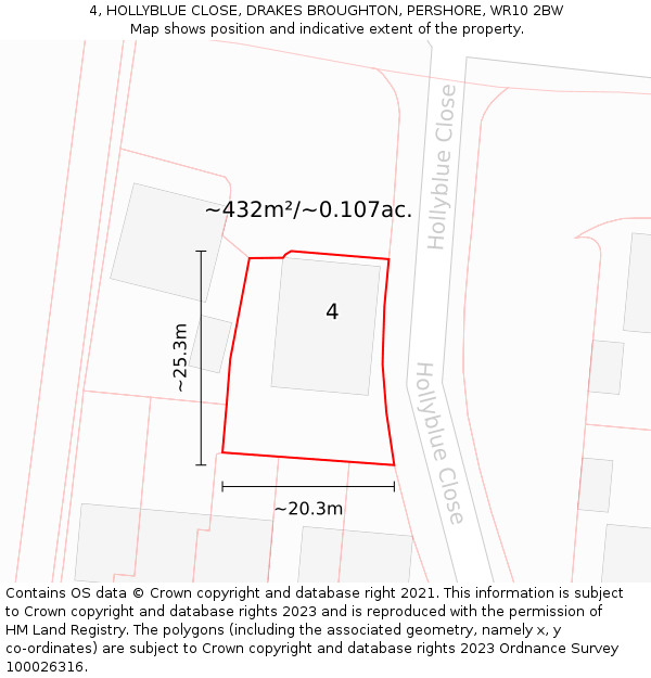 4, HOLLYBLUE CLOSE, DRAKES BROUGHTON, PERSHORE, WR10 2BW: Plot and title map