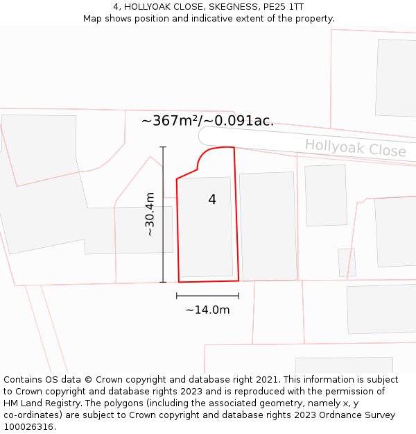 4, HOLLYOAK CLOSE, SKEGNESS, PE25 1TT: Plot and title map