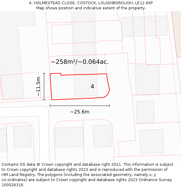 4, HOLMESTEAD CLOSE, COSTOCK, LOUGHBOROUGH, LE12 6XP: Plot and title map