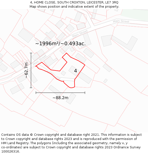 4, HOME CLOSE, SOUTH CROXTON, LEICESTER, LE7 3RQ: Plot and title map