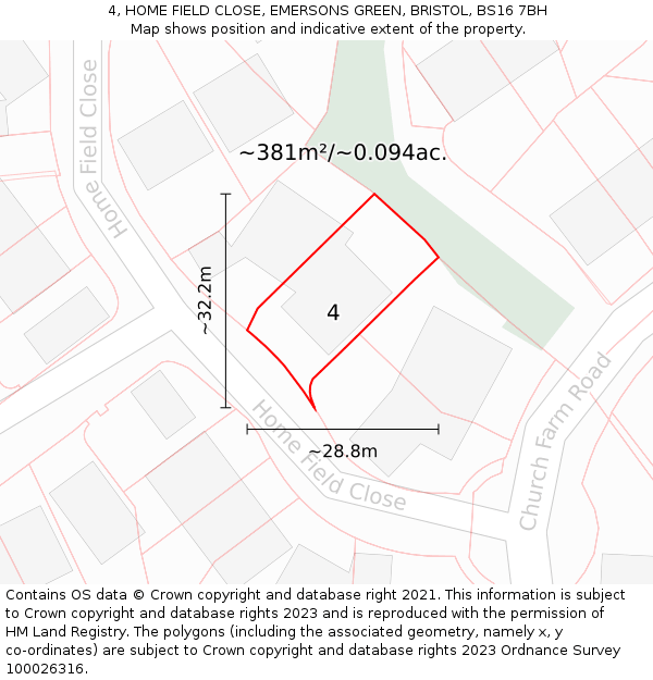 4, HOME FIELD CLOSE, EMERSONS GREEN, BRISTOL, BS16 7BH: Plot and title map