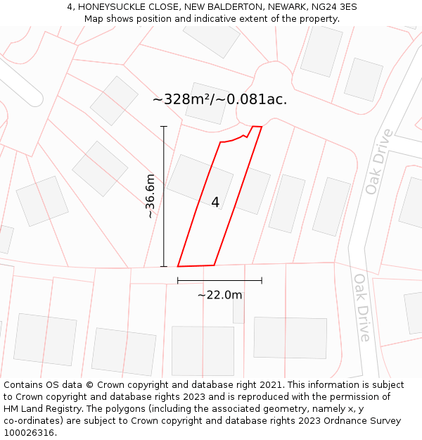 4, HONEYSUCKLE CLOSE, NEW BALDERTON, NEWARK, NG24 3ES: Plot and title map