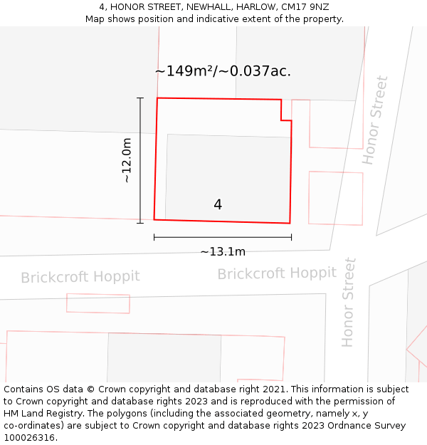 4, HONOR STREET, NEWHALL, HARLOW, CM17 9NZ: Plot and title map