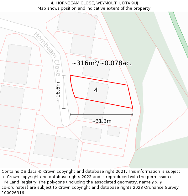 4, HORNBEAM CLOSE, WEYMOUTH, DT4 9UJ: Plot and title map