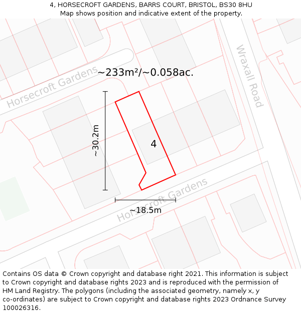 4, HORSECROFT GARDENS, BARRS COURT, BRISTOL, BS30 8HU: Plot and title map